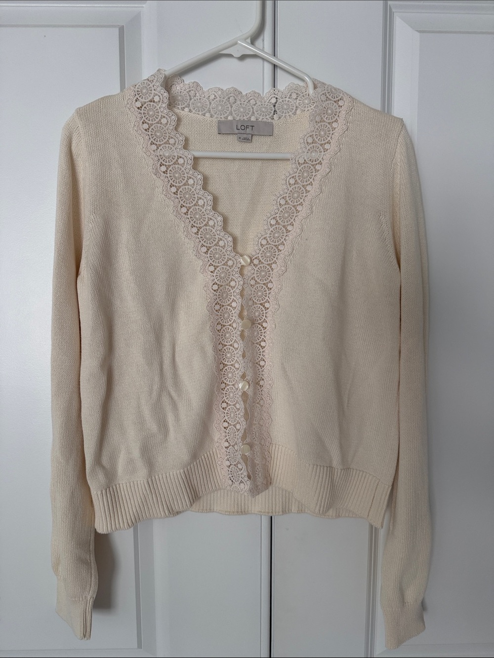 LOFT Cream Lace-Trim Button-Front Cardigan